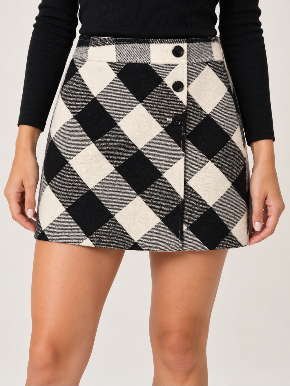 LOFT Petite 2P Black White Argyle Plaid Button Front Mini Skirt